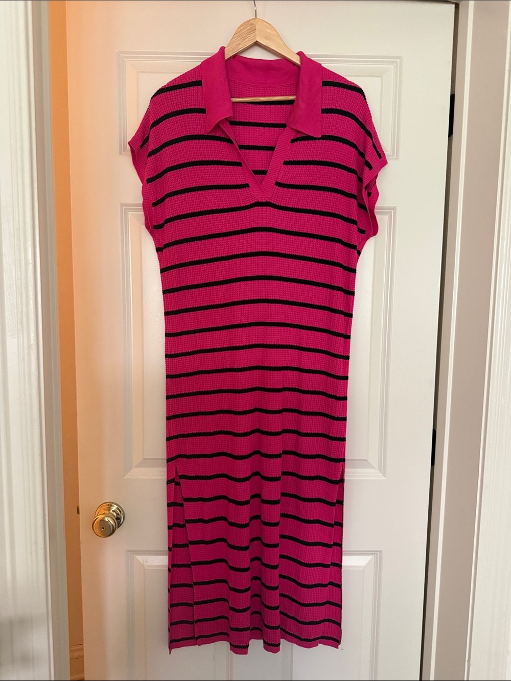 Striped Polo-Knit Midi Dress in Hot Pink and Black